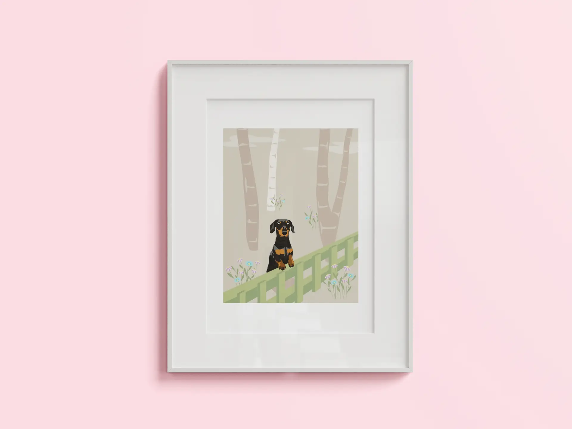 Dachshund im Wald – Kunstdruck im Bilderrahmen