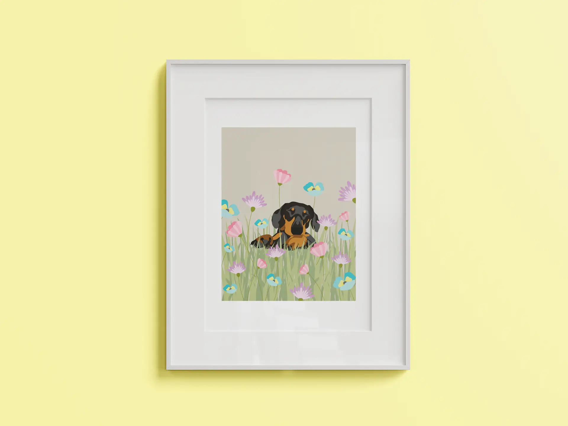 Dachshund auf der Wiese – Kunstdruck im Bilderrahmen