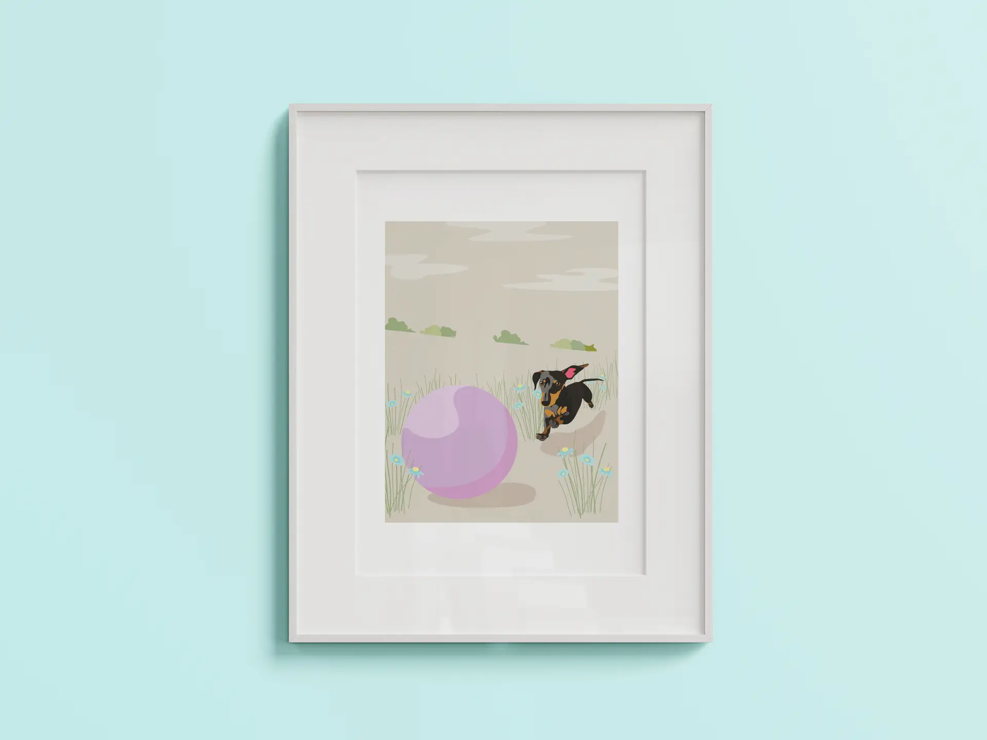 Dachshund mit Ball – Kunstdruck im Bilderrahmen